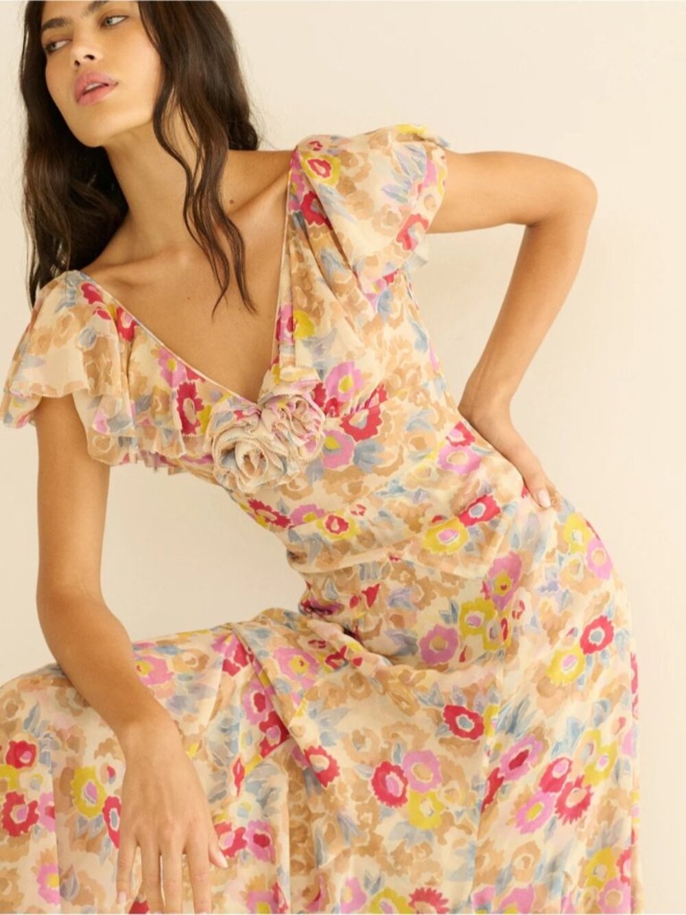 NEW DOEN Amerelle Silk Long Dress Jardin De Camelias Beige Pink Floral US XS - Picture 2 of 16